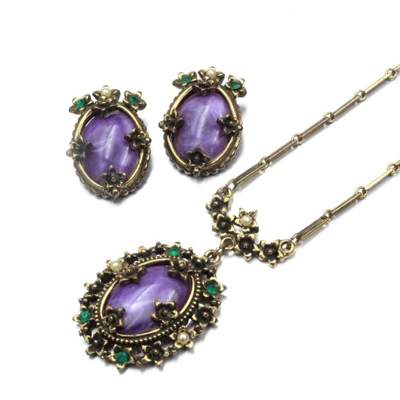 Selro Selini Unsigned Designer Purple Celluloid Cabochon Rhinestones Necklace - Picture 1 of 11